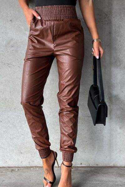 Smocked High Waist Pants with Pockets - Trendsi - Flyclothing LLC