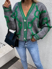 Geometric Dropped Shoulder Button Down Cardigan - Trendsi