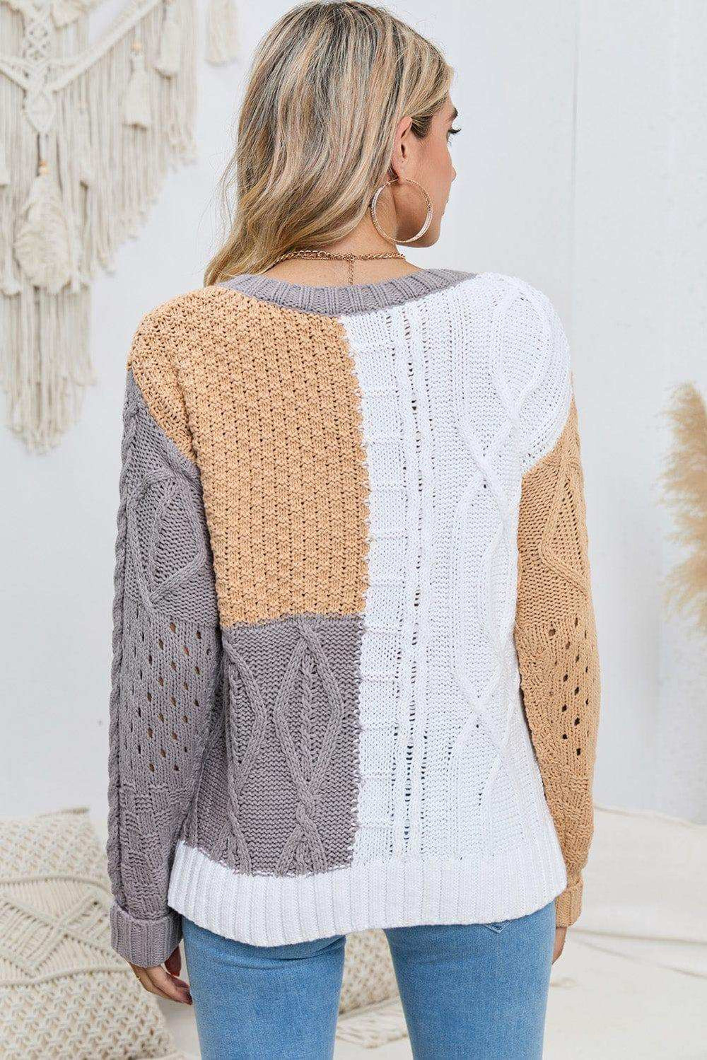 Cable-Knit Openwork Round Neck Color Block Sweater - Trendsi - Flyclothing LLC