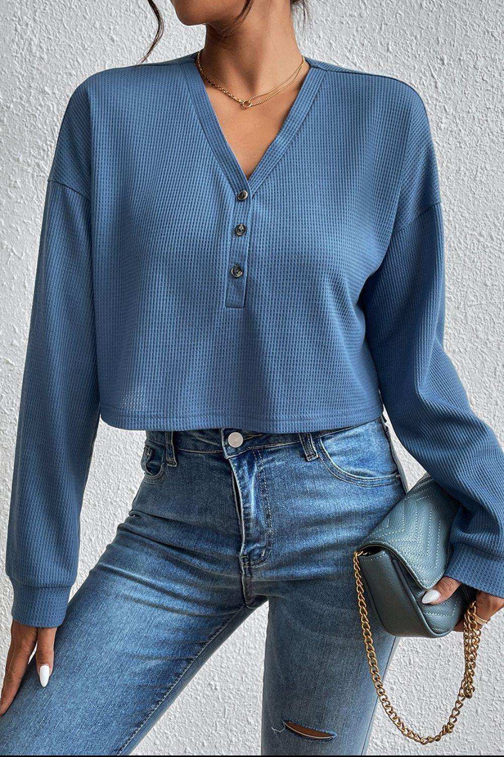 Cropped V-Neck Raglan Sleeve Buttoned Blouse - Trendsi - Flyclothing LLC