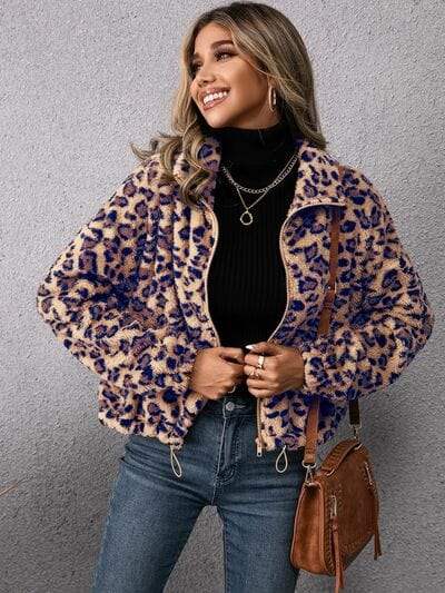 Drawstring Leopard Zip Up Jacket - Trendsi - Flyclothing LLC