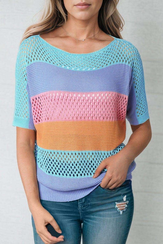 Color Block Openwork Round Neck Pullover Sweater - Trendsi - Flyclothing LLC