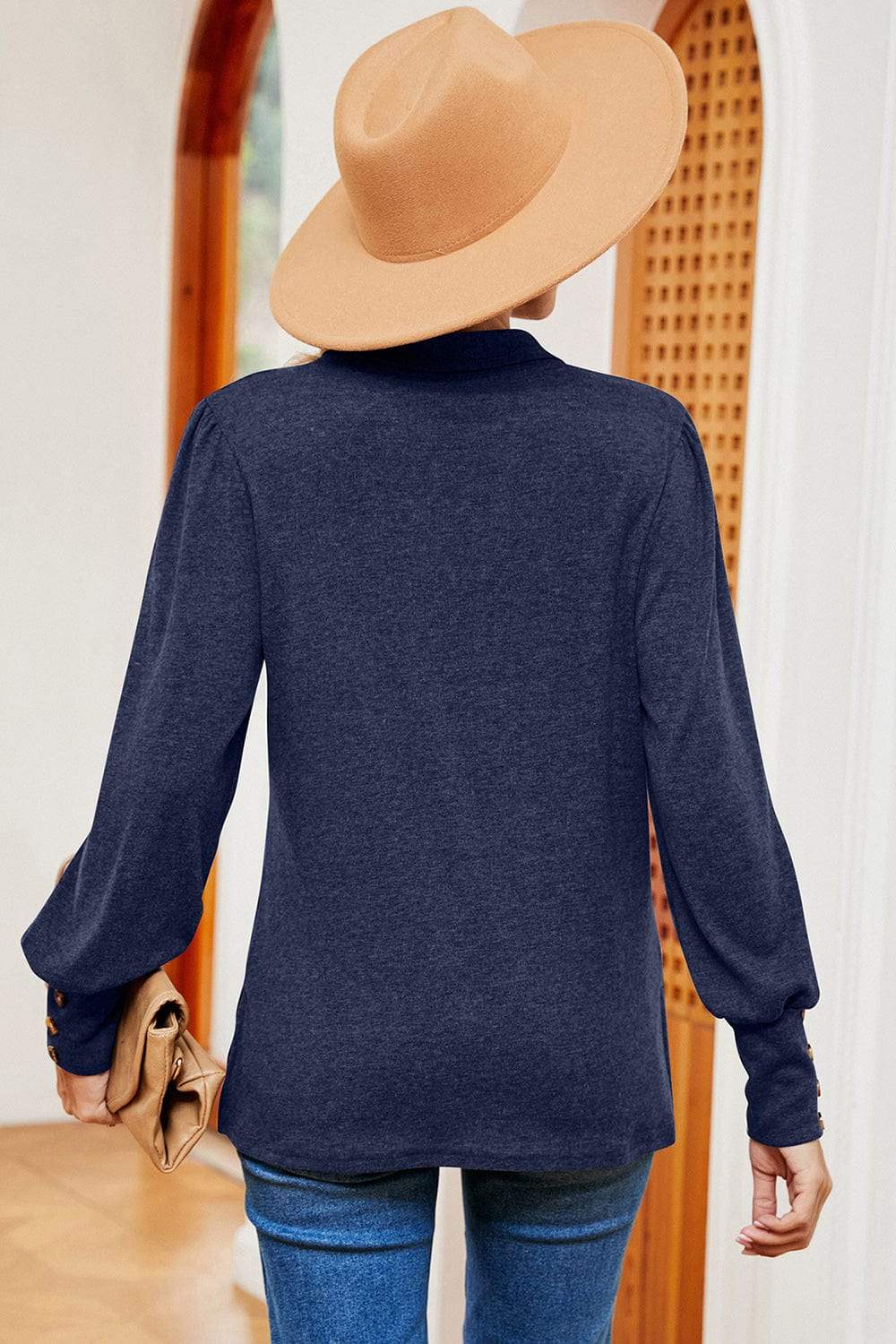 Decorative Button Johnny Collar Lantern Sleeve Blouse - Trendsi - Flyclothing LLC