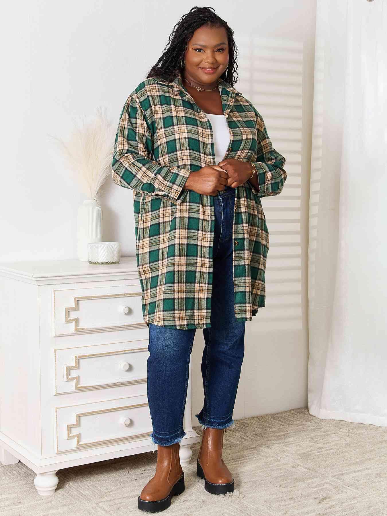 Double Take Plaid Collared Neck Long Sleeve Shirt - Trendsi