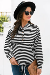 Striped Half-Button Dropped Shoulder Hoodie - Trendsi - Flyclothing LLC