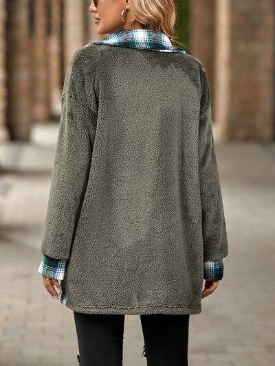Plaid Contrast Dropped Shoulder Coat - Trendsi - Flyclothing LLC