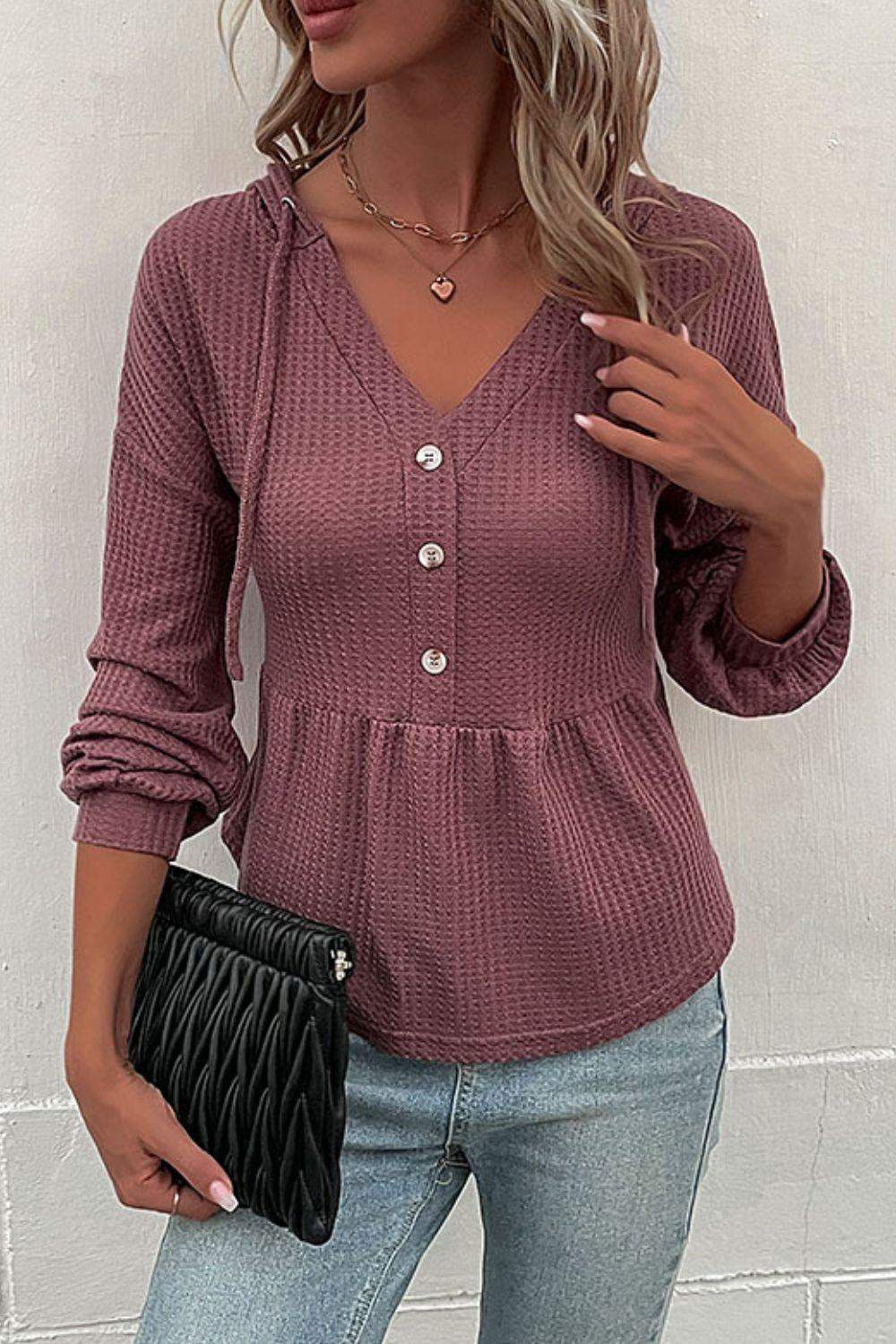 Waffle-Knit Buttoned Drop Shoulder Hoodie - Trendsi - Flyclothing LLC