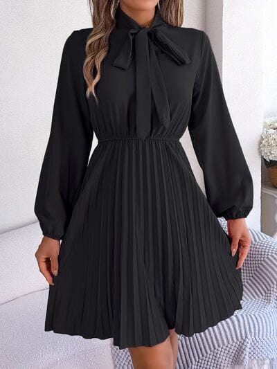Tie Neck Balloon Sleeve Pleated Dress - Trendsi