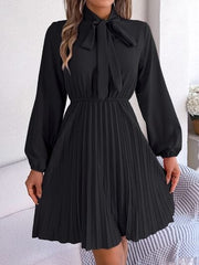 Tie Neck Balloon Sleeve Pleated Dress - Trendsi