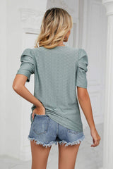 Eyelet Puff Sleeve Round Neck Blouse - Trendsi - Flyclothing LLC