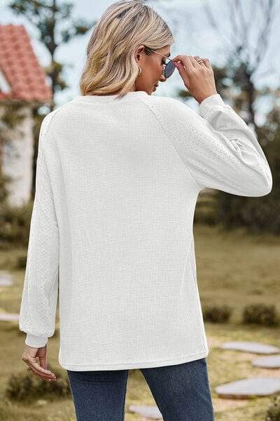 Eyelet Round Neck Long Sleeve T-Shirt - Trendsi - Flyclothing LLC