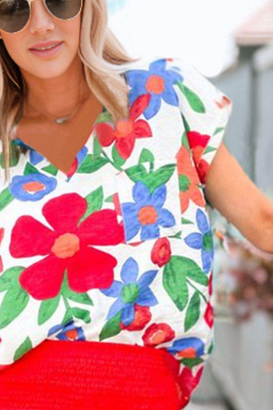 Floral V-Neck Short Sleeve Top - Trendsi - Flyclothing LLC