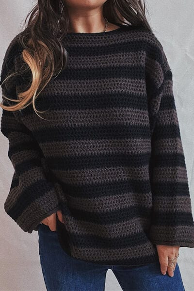 Striped Round Neck Dropped Shoulder Sweater - Flyclothing LLC