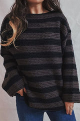 Striped Round Neck Dropped Shoulder Sweater - Flyclothing LLC