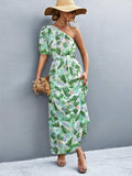 Printed Tie Waist One Shoulder Maxi Dress - Trendsi - Flyclothing LLC