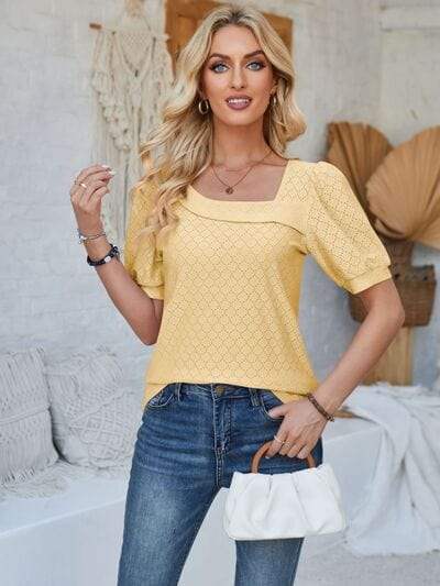 Eyelet Asymmetrical Neck Short Sleeve T-Shirt - Trendsi - Flyclothing LLC