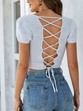 Lace-Up Openwork Square Neck Sweater - Trendsi - Flyclothing LLC
