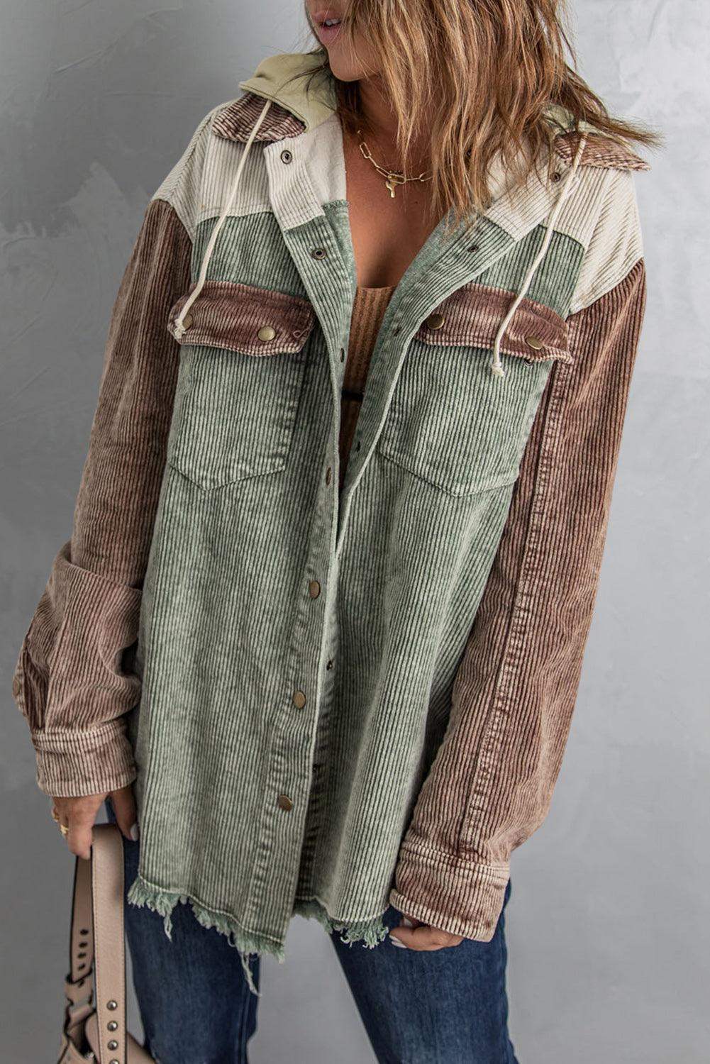 Snap Front Hooded Corduroy Shacket - Trendsi - Flyclothing LLC