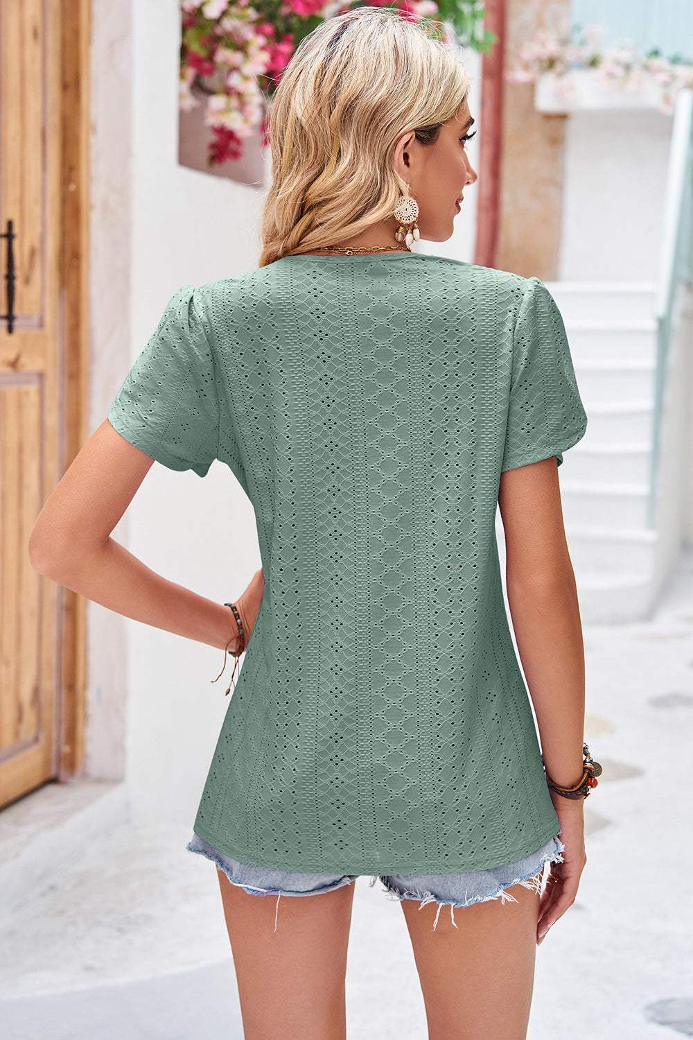 Eyelet V-Neck Petal Sleeve T-Shirt - Trendsi - Flyclothing LLC