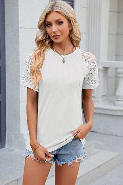 Openwork Round Neck Short Sleeve T-Shirt - Trendsi - Flyclothing LLC