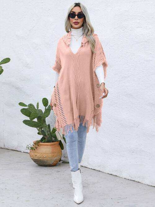 Fringe Trim Buttoned Hooded Poncho - Trendsi - Flyclothing LLC