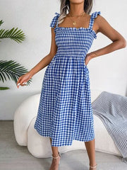 Frill Plaid Square Neck Midi Dress - Trendsi