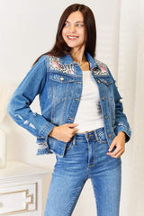 Baeful Leopard Floral Distressed Raw Hem Denim Jacket - Trendsi - Flyclothing LLC