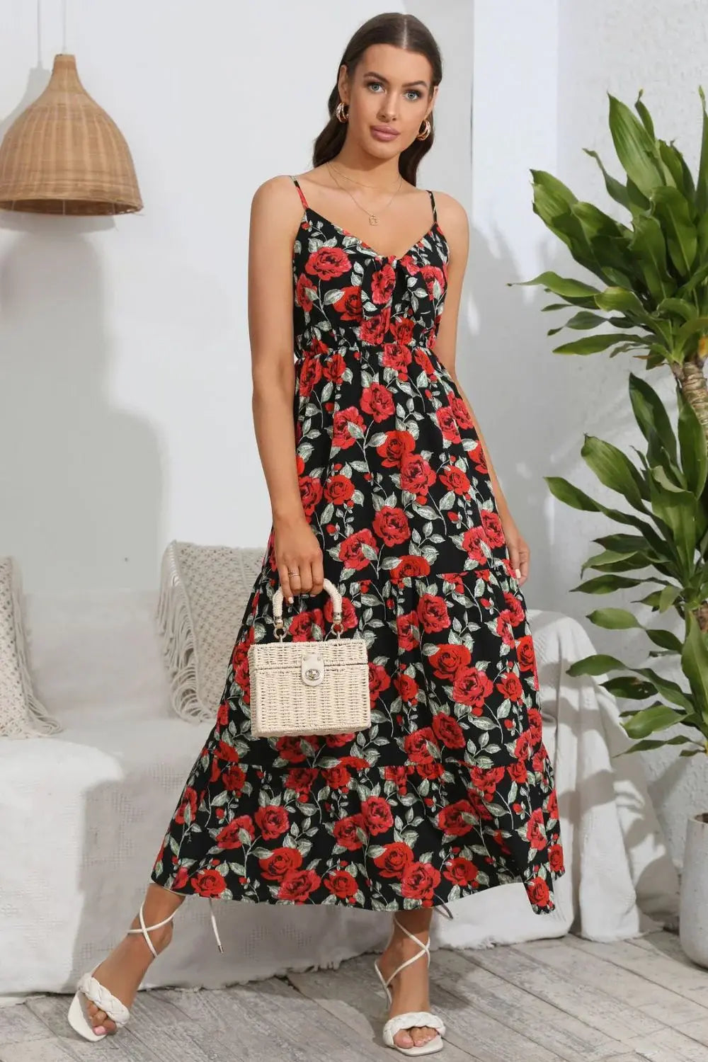Rose Print Spaghetti Strap Sweetheart Neck Dress - Trendsi - Flyclothing LLC