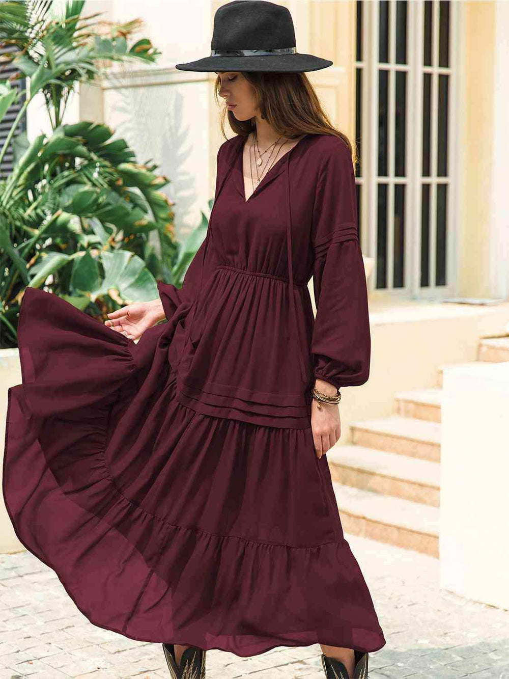 Tie Neck Long Sleeve Midi Tiered Dress - Trendsi - Flyclothing LLC