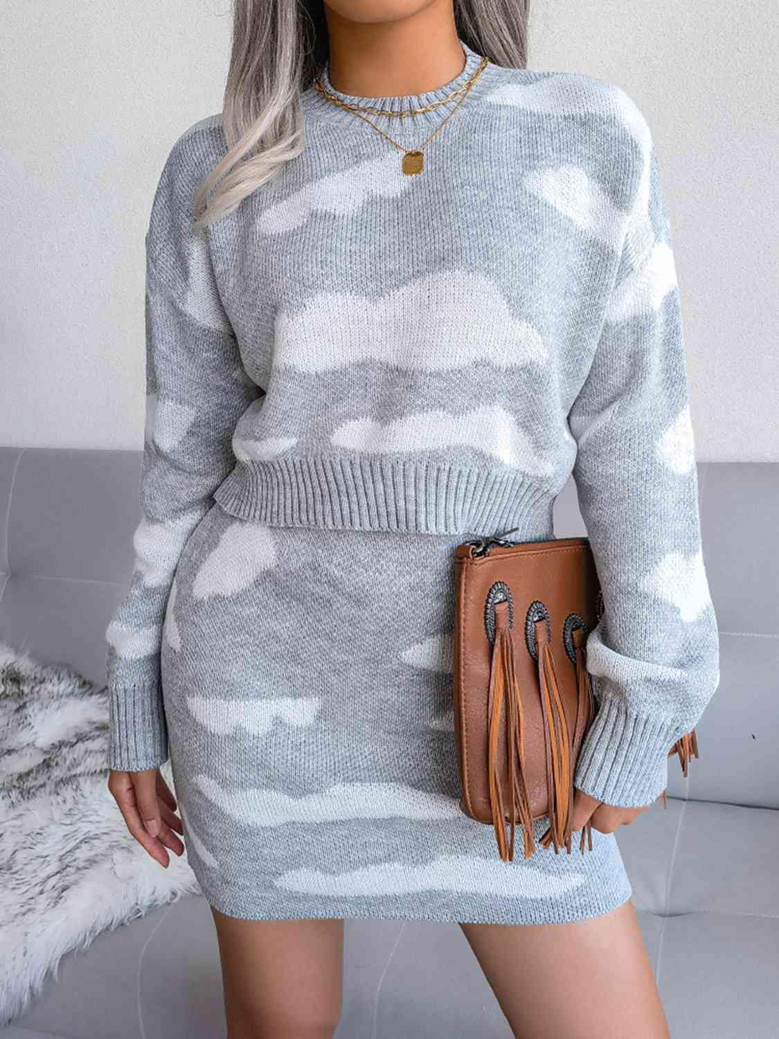 Cloud Sweater and Knit Skirt Set - Trendsi