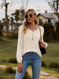Round Neck Button-Down Long Sleeve Tee - Trendsi - Flyclothing LLC