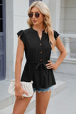 Eyelet Notched Cap Sleeve Blouse - Trendsi