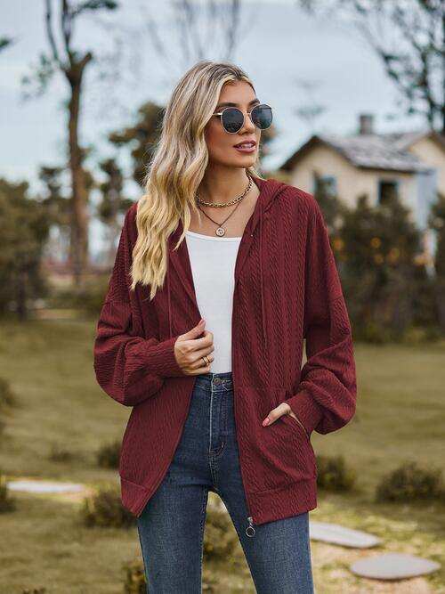 Zip Up Drawstring Long Sleeve Hooded Jacket - Trendsi - Flyclothing LLC