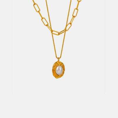 Inlaid Pearl Double-Layered Titanium Steel Necklace - Trendsi