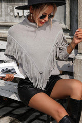 Turtle Neck Tassel Front Long Sleeve Pullover Sweater - Trendsi - Flyclothing LLC