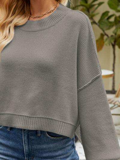 Round Neck Lantern Sleeve Sweater - Trendsi - Flyclothing LLC