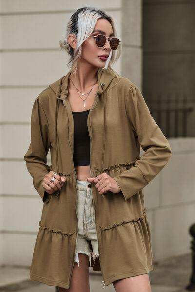 Zip Up Frill Drawstring Hooded Jacket - Trendsi - Flyclothing LLC