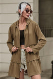 Zip Up Frill Drawstring Hooded Jacket - Flyclothing LLC