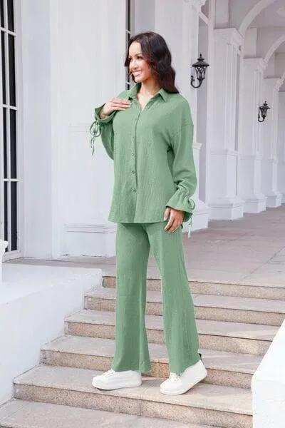 Drawstring Flounce Sleeve Shirt and Pants Set - Trendsi - Flyclothing LLC