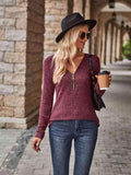 Half-Zip V-Neck Long Sleeve Top - Trendsi