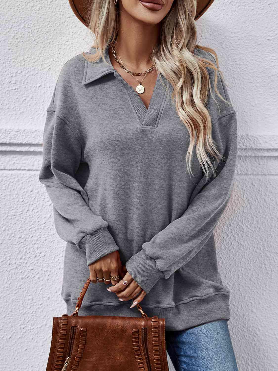 Collared Neck Dropped Shoulder Sweatshirt - Trendsi