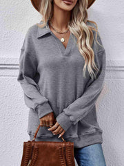 Collared Neck Dropped Shoulder Sweatshirt - Trendsi