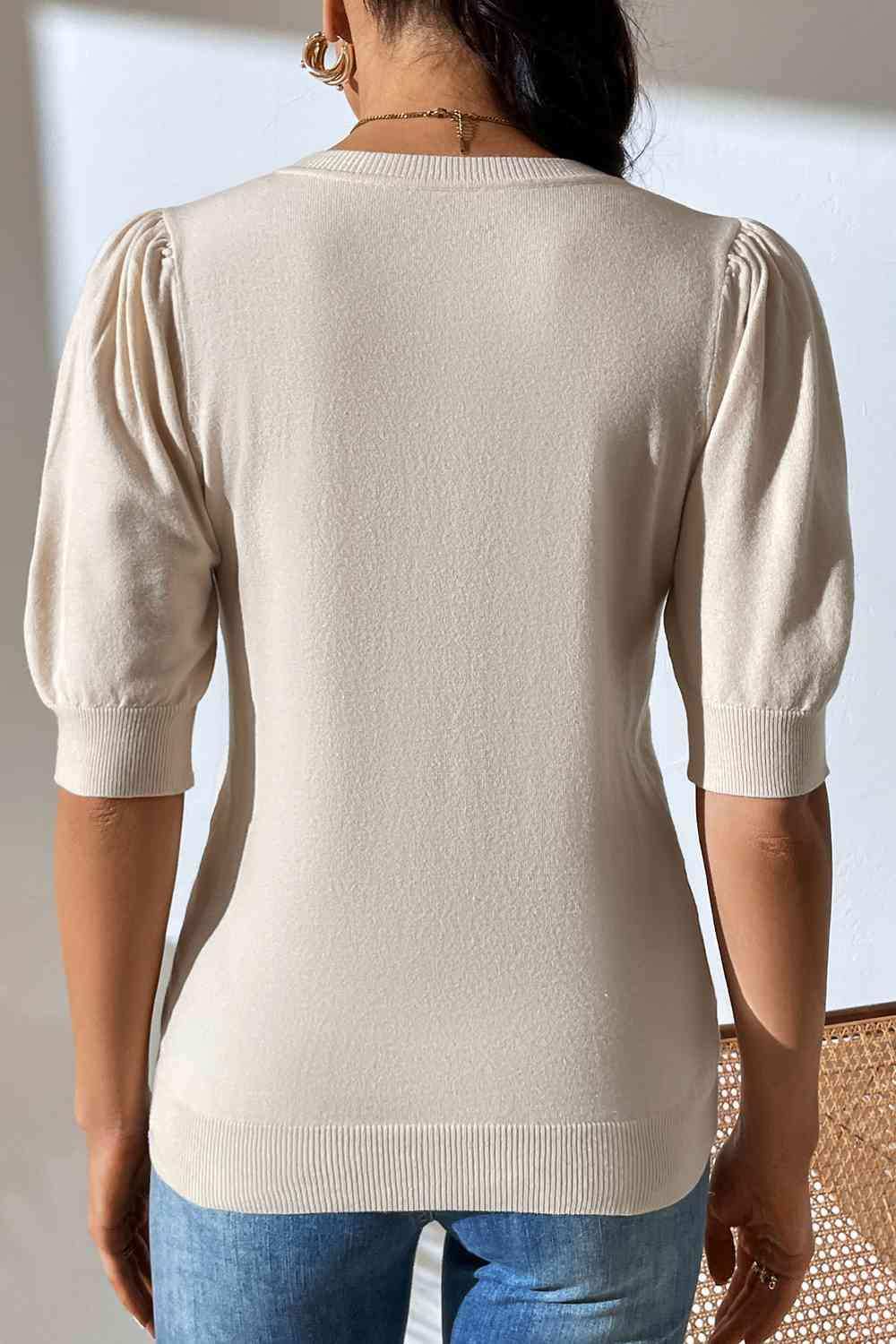 Round Neck Puff Sleeve Knit Top - Trendsi - Flyclothing LLC