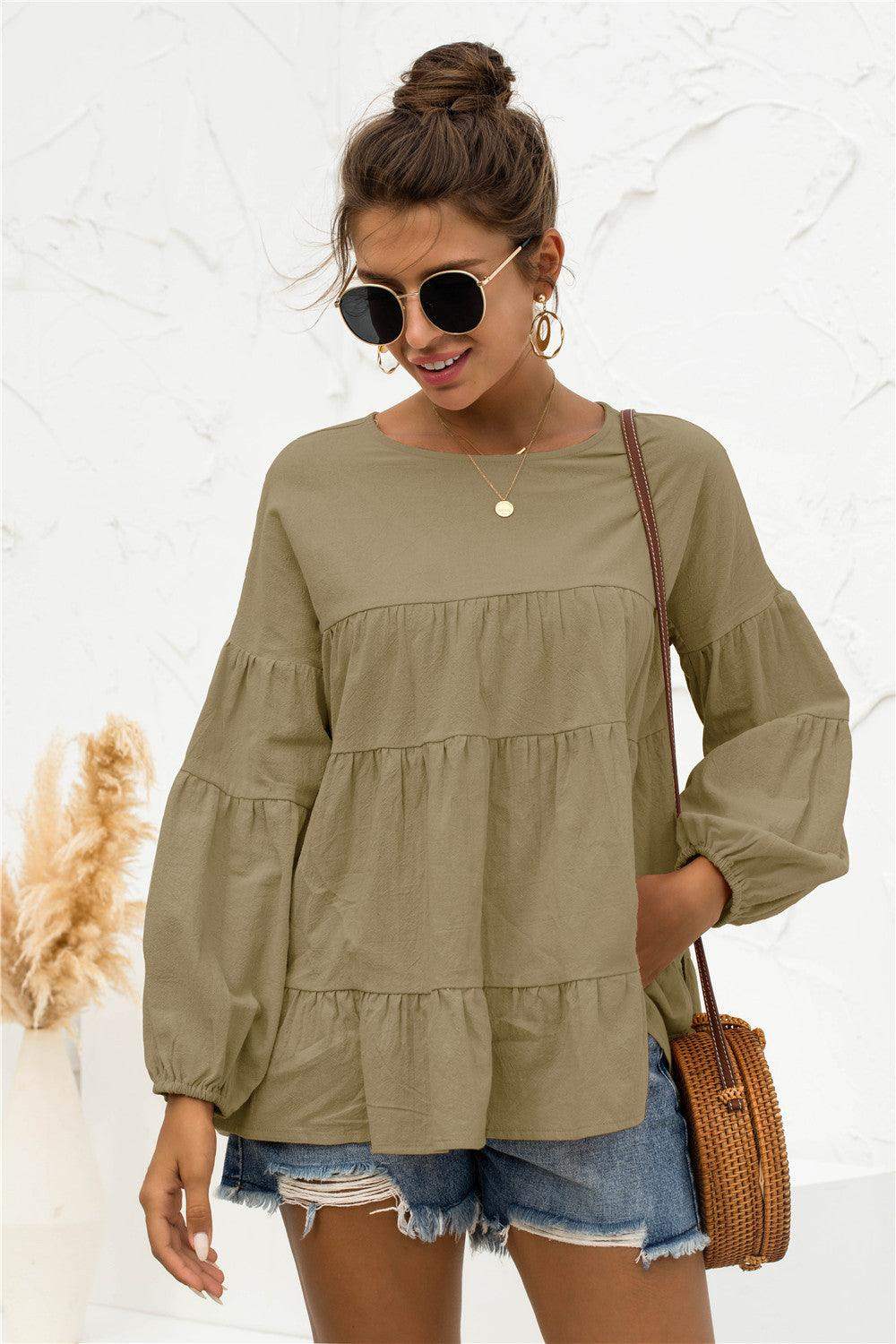 Round Neck Bubble Sleeve Tiered Blouse - Trendsi - Flyclothing LLC