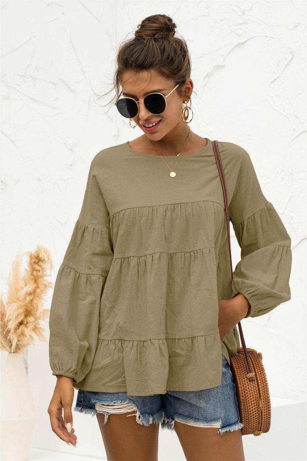 Round Neck Bubble Sleeve Tiered Blouse - Trendsi - Flyclothing LLC