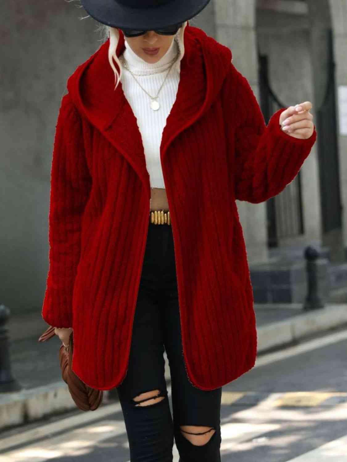 Open Front Ribbed Hooded Coat - Trendsi