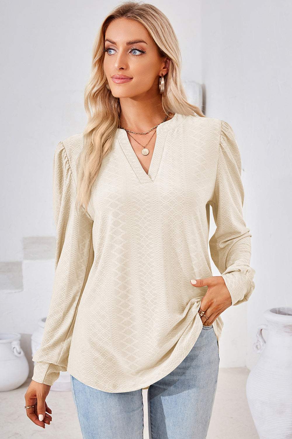 Ruched Notched Long Sleeve T-Shirt - Trendsi - Flyclothing LLC