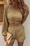 One-Shoulder Balloon Sleeve Crop Top and Shorts Set - Trendsi - Flyclothing LLC
