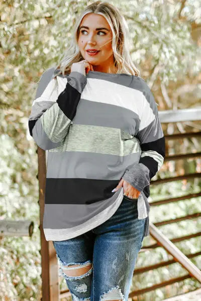 Plus Size Striped Slit Long Sleeve T-Shirt - Trendsi - Flyclothing LLC