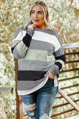 Plus Size Striped Slit Long Sleeve T-Shirt - Trendsi - Flyclothing LLC